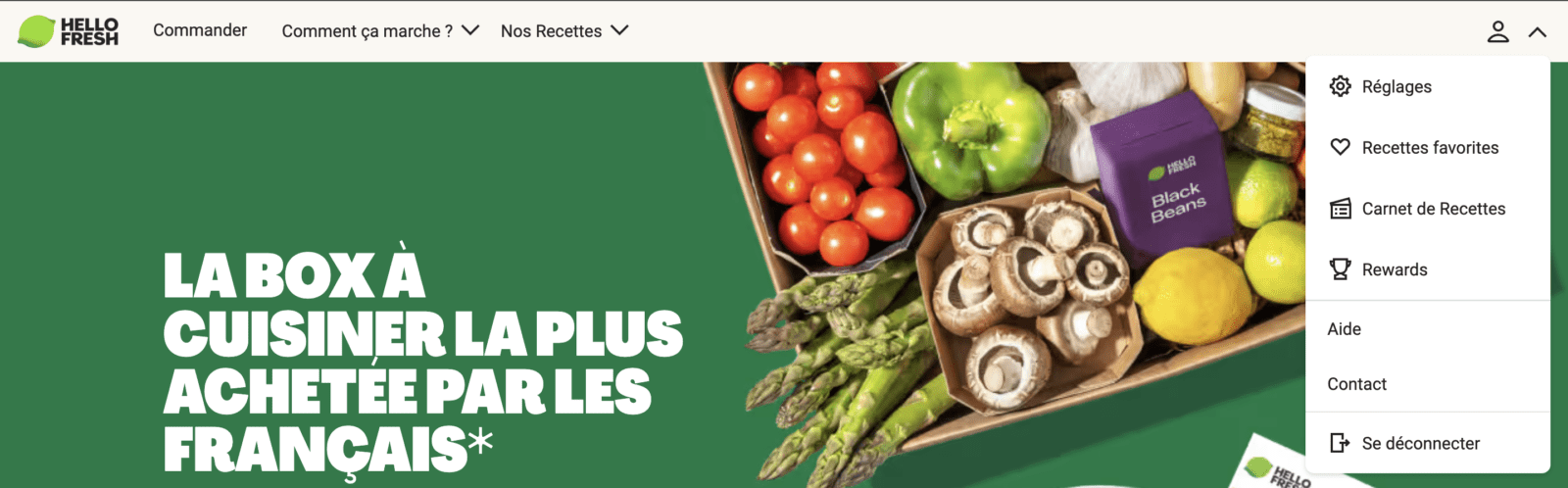Screenshot 2025-04-11 at 4.54.08 PM Capture d’écran du site HelloFresh montrant le menu utilisateur avec les options Réglages, Recettes favorites, Carnet de Recettes, Rewards, Aide, Contact et Se déconnecter.