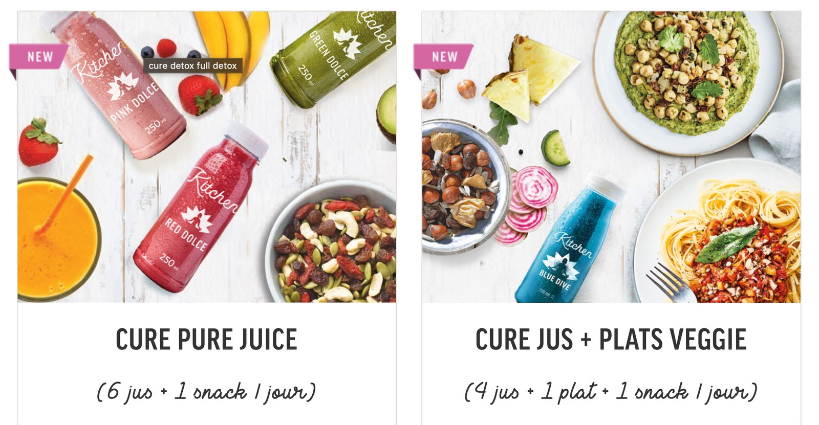 Screenshot 2025-07-10 at 4.14.31 PM Deux cures detox KitchenDiet : à gauche, cure 100 % jus avec boissons colorées et fruits secs (6 jus + 1 snack/jour), à droite, cure mixte avec jus, plats veggie et snack (4 jus + 1 plat + 1 snack/jour)