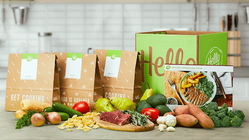 HelloFresh Contenu d’une box HelloFresh : sacs kraft, fiches recettes, légumes frais, viande et ingrédients prêts à cuisiner à la maison