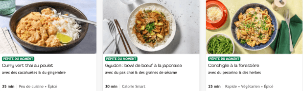 Screenshot 2025-03-28 at 4.00.32 PM Recettes HelloFresh à la une : curry vert thaï au poulet, gyudon japonais au bœuf, conchiglie à la forestière, avec durée de préparation et étiquettes nutritionnelles