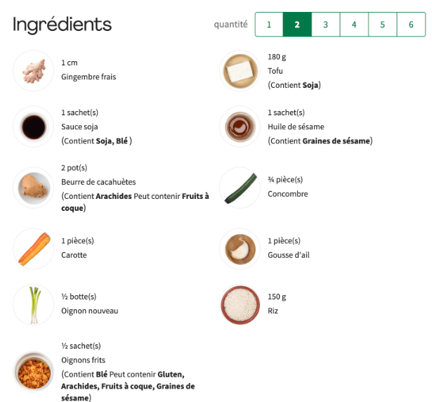 Screenshot 2025-03-28 at 4.06.23 PM Liste des ingrédients pour une recette HelloFresh : tofu, riz, carotte, concombre, oignon nouveau, gingembre, sauce soja, huile de sésame, beurre de cacahuète, oignons frits