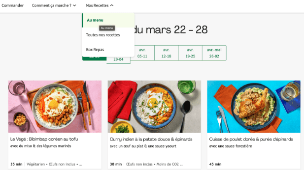 Screenshot 2025-03-28 at 4.29.03 PM Aperçu du menu HelloFresh pour la semaine du 22 au 28 mars avec trois recettes : bibimbap coréen, curry indien à la patate douce, et poulet doré aux épinards