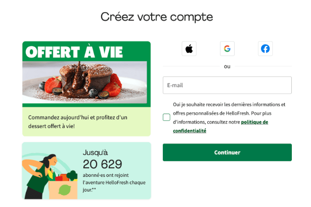 Screenshot 2025-03-28 at 4.33.11 PM Page de création de compte HelloFresh avec offre “dessert offert à vie”, formulaire email et options de connexion via Apple, Google ou Facebook