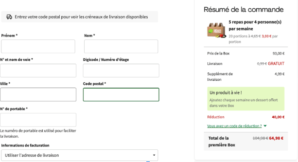 Screenshot 2025-03-28 at 4.35.11 PM Formulaire de livraison HelloFresh avec saisie des coordonnées et récapitulatif de commande : 5 repas pour 4 personnes, dessert offert à vie et réduction appliquée