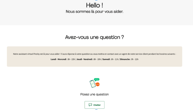 Screenshot 2025-03-28 at 4.40.15 PM Page d’assistance HelloFresh avec horaires du service client et option pour chatter avec l’assistant virtuel Freshy