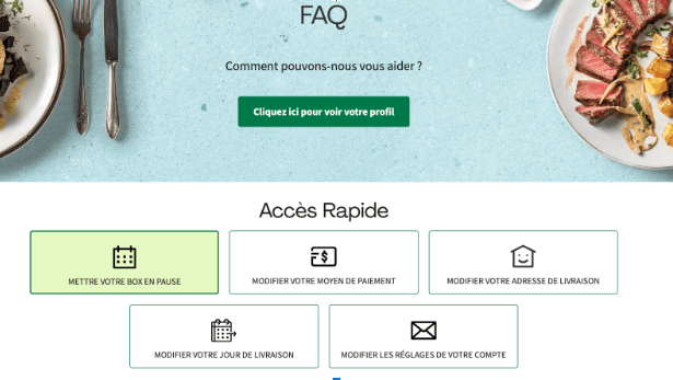 Screenshot 2025-03-28 at 4.42.48 PM Page FAQ HelloFresh avec accès rapide pour mettre en pause sa box, modifier le jour ou l’adresse de livraison, les réglages du compte ou le moyen de paiement