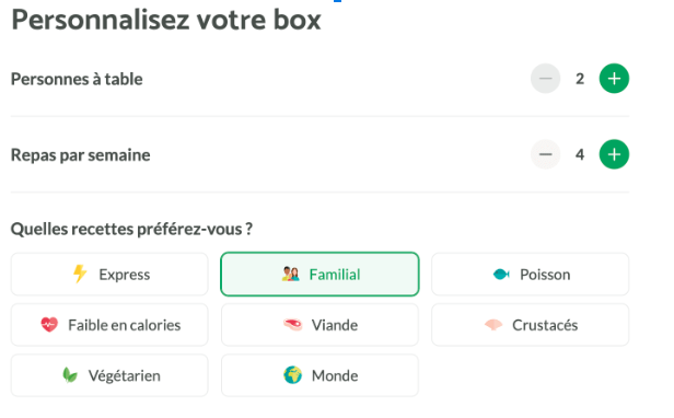 Screenshot 2025-03-28 at 6.31.45 PM Interface de personnalisation de la box repas Quitoque avec choix du nombre de personnes, de repas par semaine et des types de recettes (familial, express, végétarien, poisson, viande, etc.).