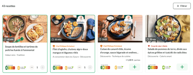Screenshot 2025-03-28 at 6.32.43 PM Exemples de recettes Quitoque proposées sur le site : soupe de lentilles, filet d’églefin, canard rôti, salade de pommes de terre, avec temps de préparation, labels nutritionnels et filtres disponibles.