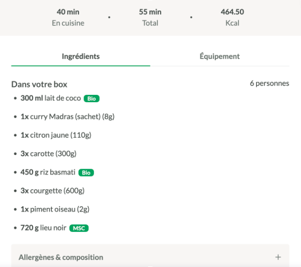 Screenshot 2025-03-28 at 6.37.17 PM Liste des ingrédients d’une recette Quitoque pour 6 personnes : lait de coco bio, curry Madras, citron jaune, carottes, riz basmati bio, courgettes, piment oiseau et lieu noir MSC, avec temps de cuisson et valeurs caloriques.