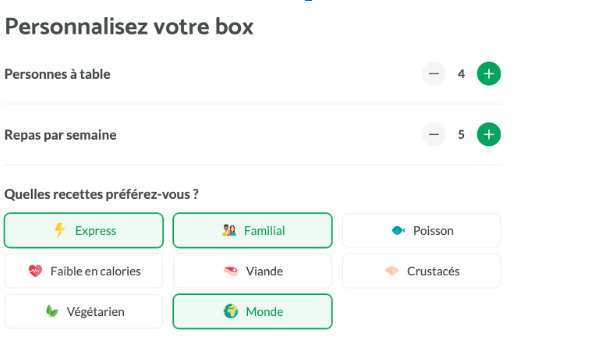 Screenshot 2025-03-28 at 6.54.02 PM Interface de configuration Quitoque avec sélection du nombre de repas par semaine et de personnes à table, et choix des préférences de recettes : express, familial, monde, végétarien, viande, poisson, etc.