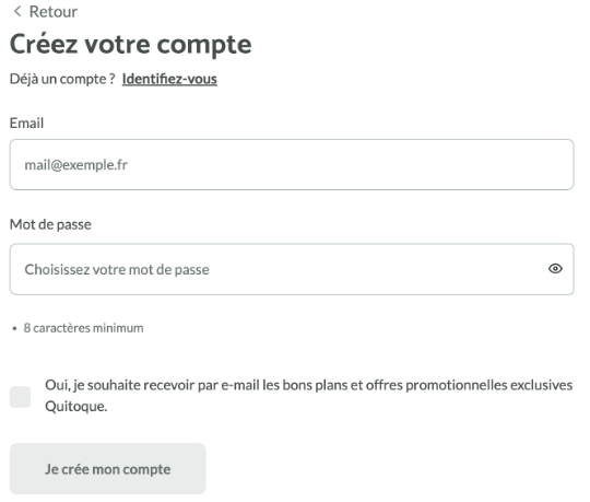 Screenshot 2025-03-28 at 6.55.35 PM Formulaire de création de compte sur Quitoque avec champs email, mot de passe et option pour recevoir des offres par e-mail.