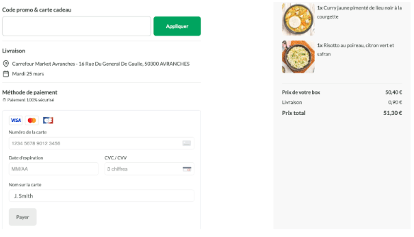 Screenshot 2025-03-28 at 7.00.01 PM Page de paiement Quitoque avec résumé de la commande (deux recettes choisies), adresse de livraison, champ pour code promo et formulaire de paiement sécurisé.