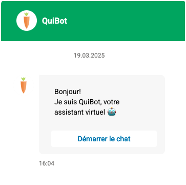 Screenshot 2025-03-28 at 7.04.10 PM Interface du chatbot Quitoque nommé QuiBot, proposant une assistance virtuelle avec un bouton pour démarrer le chat.