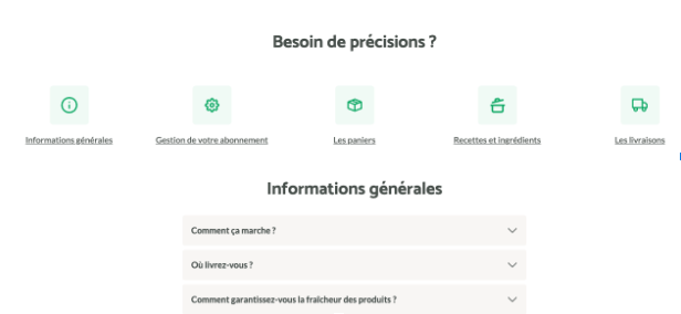 Screenshot 2025-03-28 at 7.05.39 PM Section FAQ du site Quitoque avec accès aux rubriques : gestion de l’abonnement, paniers, recettes, livraisons et informations générales.