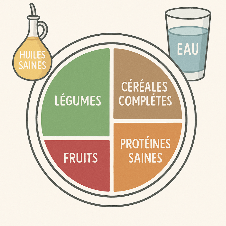 Screenshot 2025-03-31 at 12.04.38 PM Représentation d’une assiette équilibrée avec légumes, fruits, céréales complètes et protéines saines, accompagnée d’un verre d’eau et d’huiles saines