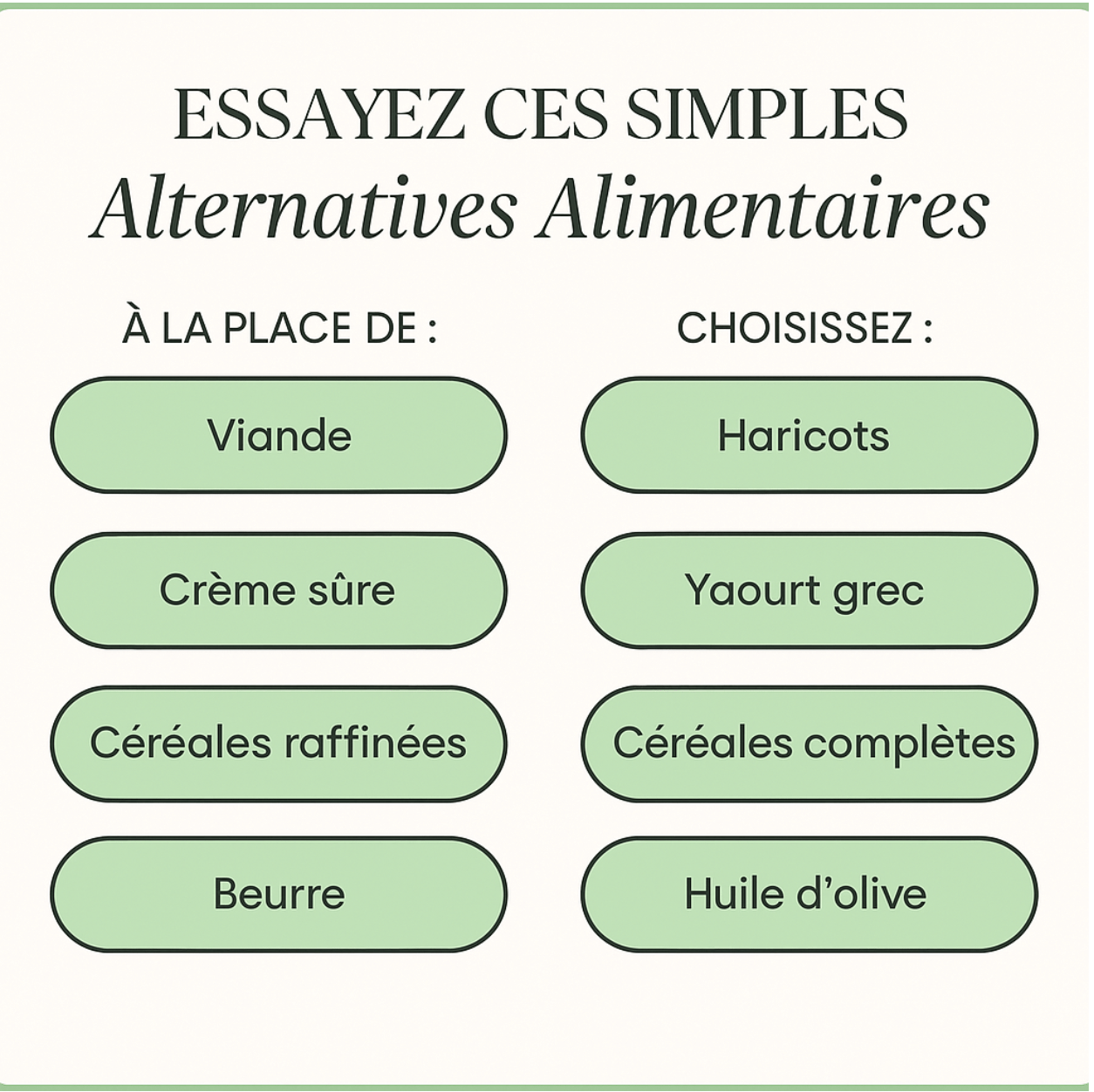 Screenshot 2025-03-31 at 12.21.23 PM Infographie montrant des alternatives alimentaires saines : remplacer la viande par des haricots, la crème sûre par du yaourt grec, les céréales raffinées par des céréales complètes, et le beurre par de l’huile d’olive.