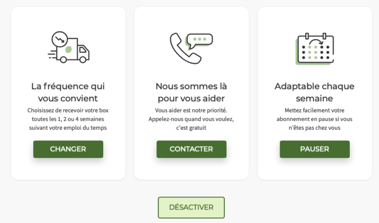 Screenshot 2025-04-11 at 4.45.11 PM Capture d’écran de l’interface HelloFresh avec les options pour changer la fréquence des livraisons, contacter le service client, mettre en pause ou désactiver son abonnement.