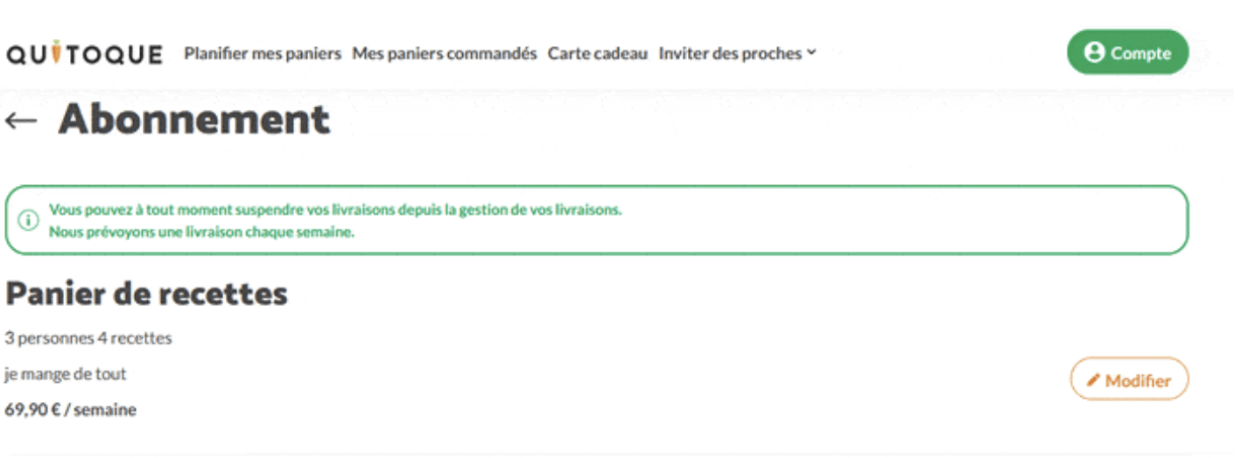 Screenshot 2025-04-16 at 4.40.09 PM Capture d’écran de la section Abonnement sur le site de Quitoque, montrant les détails du panier de recettes et l’option de suspension ou de modification de la livraison.