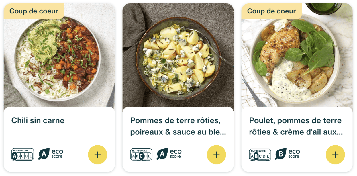 Screenshot 2025-04-21 at 3.07.25 PM Trois plats Seazon notés coup de cœur : chili sin carne, pommes de terre rôties aux poireaux et bleu, et poulet rôti avec crème d’ail et épinards – affichage des Nutri-Scores et Éco-Scores