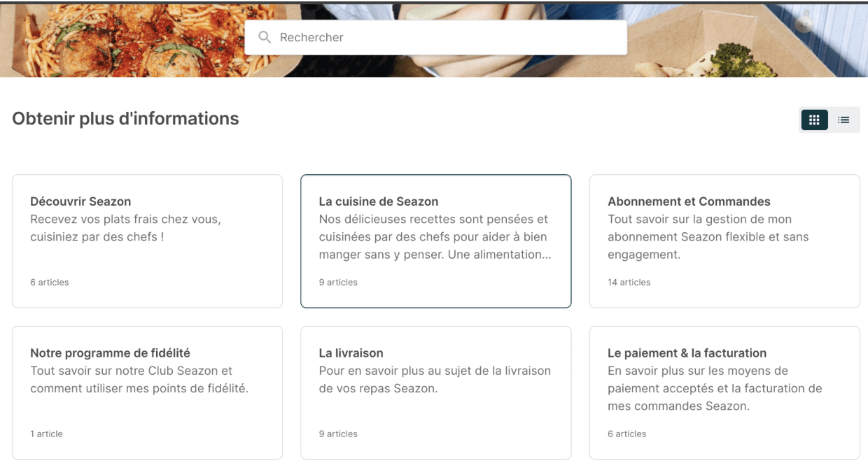 Screenshot 2025-04-21 at 3.11.06 PM Page d’aide Seazon avec catégories d’articles : découvrir Seazon, la cuisine de Seazon, abonnement, livraison, paiement, et programme de fidélité