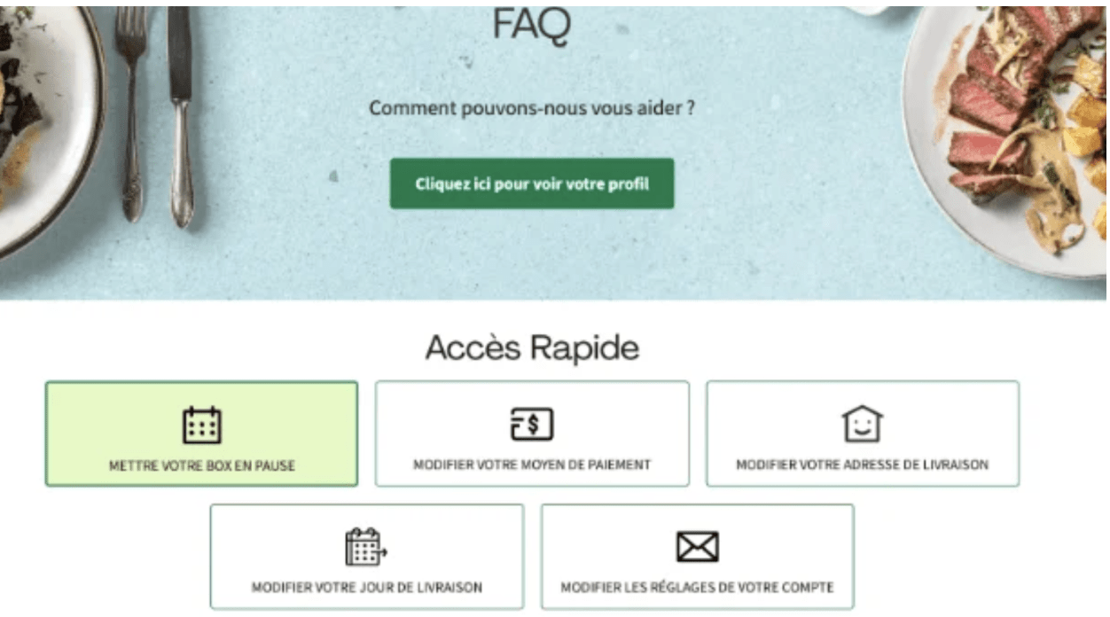 Screenshot 2025-04-23 at 1.02.37 PM Page FAQ de HelloFresh avec des options d’accès rapide : mettre sa box en pause, modifier son moyen de paiement, son jour ou adresse de livraison, et les réglages du compte