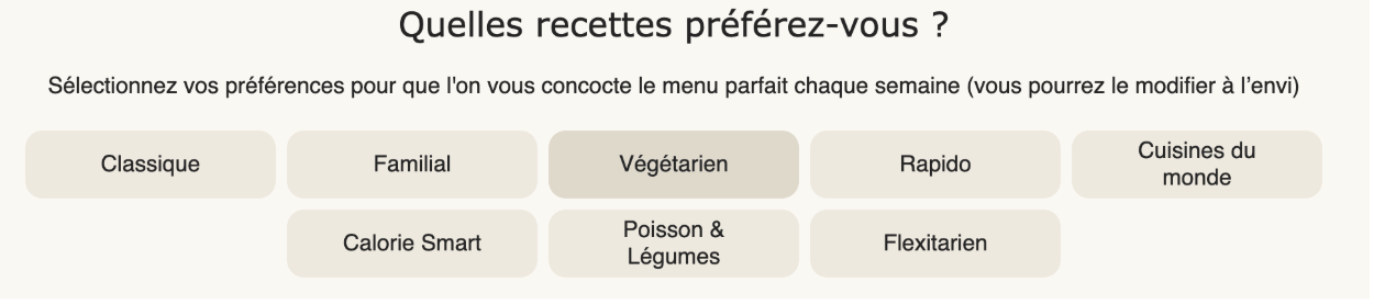 Screenshot 2025-04-23 at 12.57.18 PM Extrait de l’interface HelloFresh permettant de sélectionner ses préférences de recettes : Classique, Familial, Végétarien, Rapido, Cuisines du monde, Calorie Smart, Poisson & Légumes, et Flexitarien