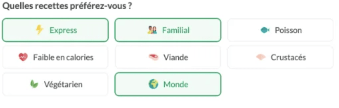 Screenshot 2025-04-23 at 12.58.07 PM Capture d’écran de l’interface Quitoque permettant de choisir ses préférences de recettes : Express, Familial, Poisson, Faible en calories, Viande, Crustacés, Végétarien et Monde