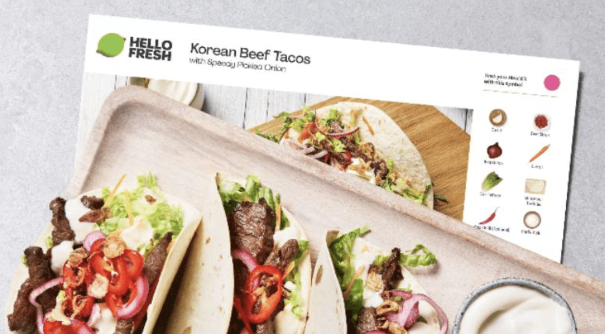 Screenshot 2025-04-23 at 12.59.39 PM Fiche recette HelloFresh « Korean Beef Tacos » avec ingrédients illustrés à droite, montrant des tacos garnis de bœuf mariné, oignons marinés, poivrons rouges et laitue