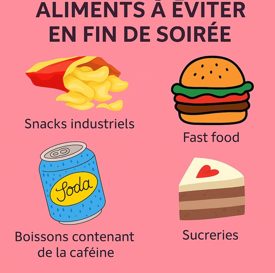 Screenshot 2025-05-01 at 3.13.17 PM Infographie sur les aliments à éviter en fin de soirée : snacks industriels, fast food, boissons contenant de la caféine et sucreries, illustrés par des dessins colorés.