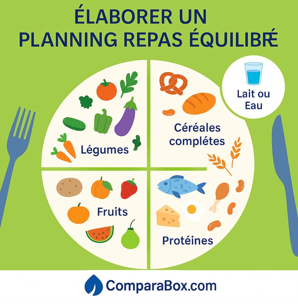 Screenshot 2025-05-01 at 3.00.21 PM (1) Infographie illustrant un planning repas équilibré divisé en quatre catégories : légumes, fruits, protéines, céréales complètes, accompagné de lait ou d’eau. Exemple d’aliments : carottes, tomates, aubergine, fraise, pastèque, poisson, œuf, pain complet.