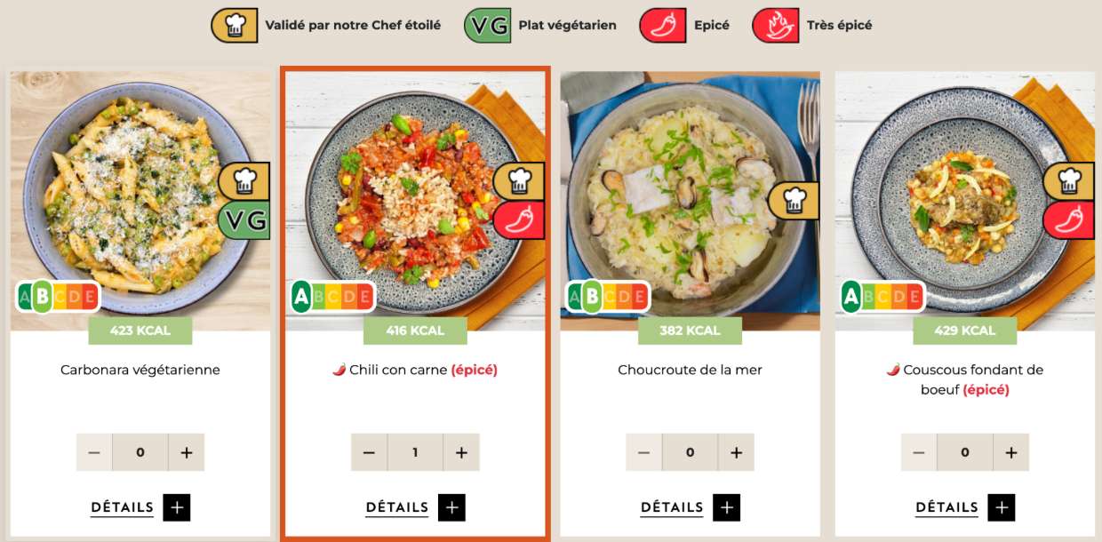 Screenshot 2025-06-10 at 6.41.34 PM Exemples de plats Cheef avec calories, Nutri-Score et options végétariennes ou épicées