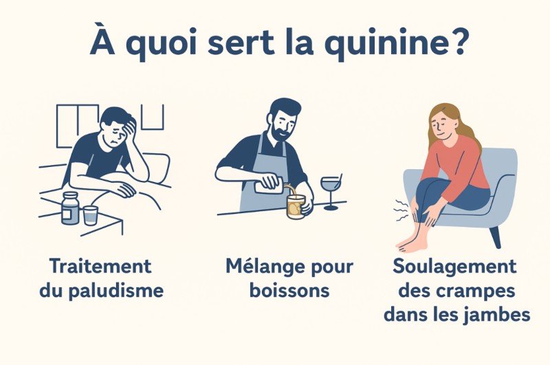 Screenshot 2025-06-13 at 2.12.30 PM Infographie illustrant les usages de la quinine : traitement du paludisme, ingrédient pour les boissons, et soulagement des crampes dans les jambes
