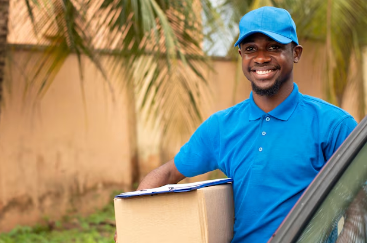 Screenshot 2025-06-16 at 12.49.45 PM Livreur souriant en uniforme bleu tenant un colis devant une maison – livraison de box repas à domicile