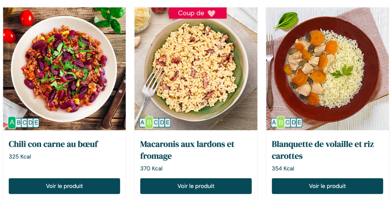 Screenshot 2025-06-17 at 1.40.51 PM Plats Qilibri : chili con carne au bœuf (325 kcal), macaronis aux lardons et fromage (370 kcal), blanquette de volaille avec riz et carottes (354 kcal), options équilibrées avec Nutri-Score