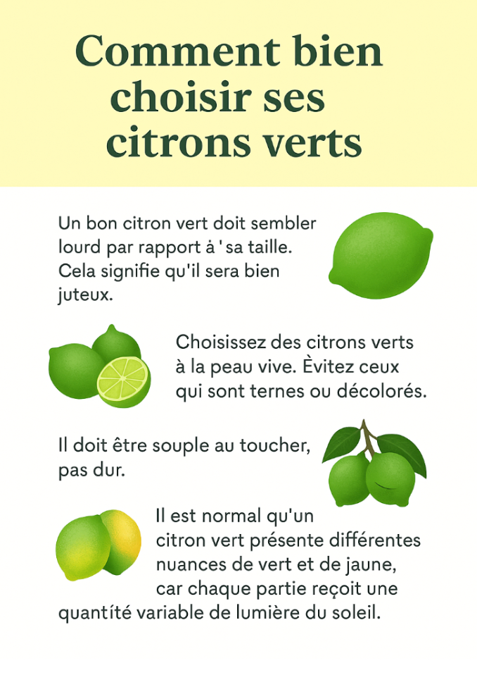 Screenshot 2025-06-28 at 2.04.35 PM Infographie expliquant comment bien choisir ses citrons verts, avec des conseils visuels : fruit lourd, peau vive, texture souple, et variations de couleur liées à l'exposition au soleil