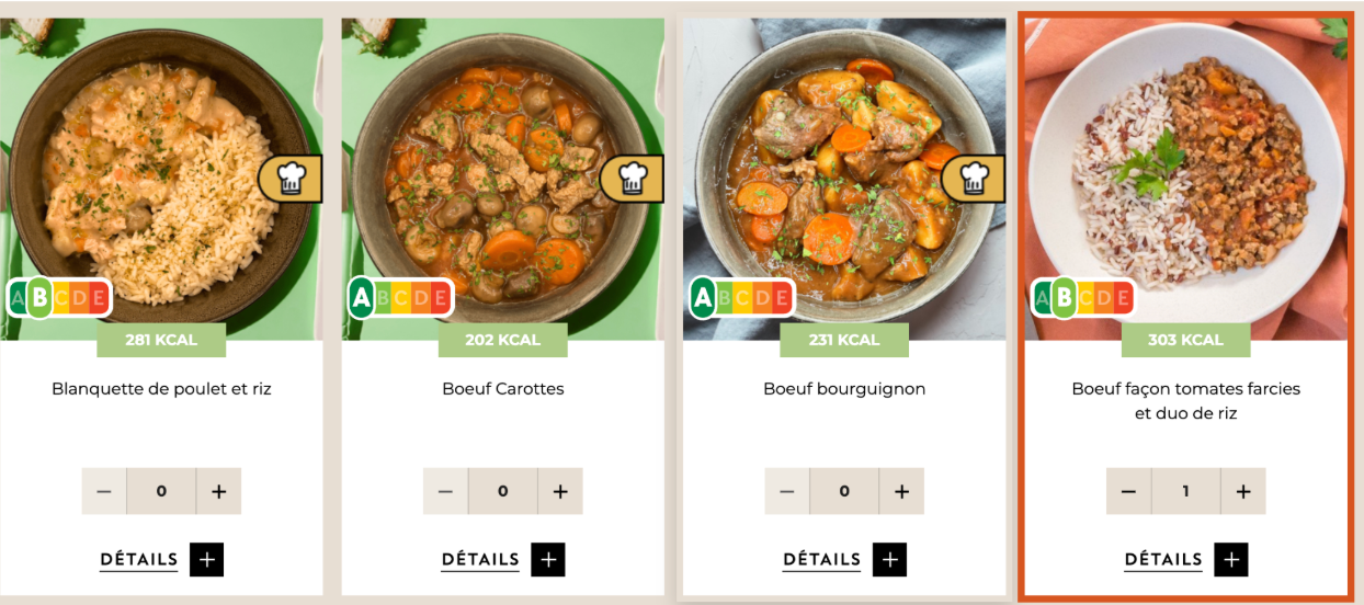 Screenshot 2025-06-29 at 11.24.53 AM Exemples de plats minceur Cheef : blanquette de poulet, bœuf carottes, bœuf bourguignon et bœuf façon tomates farcies, avec calories affichées et nutri-score