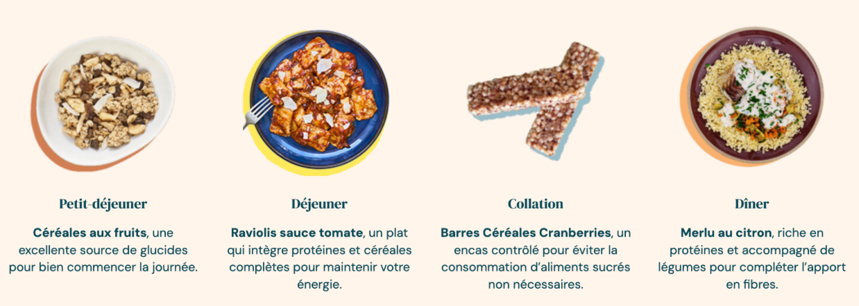 Screenshot 2025-06-29 at 11.32.08 AM Exemple de menu Qilibri : céréales aux fruits au petit-déjeuner, raviolis sauce tomate au déjeuner, barre céréales cranberries en collation et merlu au citron en dîner