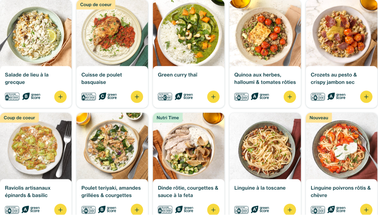 Screenshot 2025-06-29 at 11.43.11 AM Sélection de repas Seazon : plats équilibrés comme salade de lieu, curry thaï, quinoa aux herbes, raviolis épinards, linguine et poulet teriyaki, avec nutri-score et green score affichés