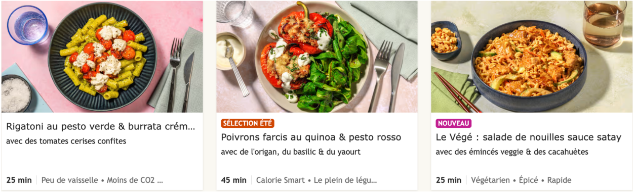 Screenshot 2025-06-29 at 11.51.59 AM Recettes HelloFresh végétariennes : rigatoni au pesto verde et burrata, poivrons farcis au quinoa et pesto rosso, salade de nouilles sauce satay aux émincés veggie et cacahuètes