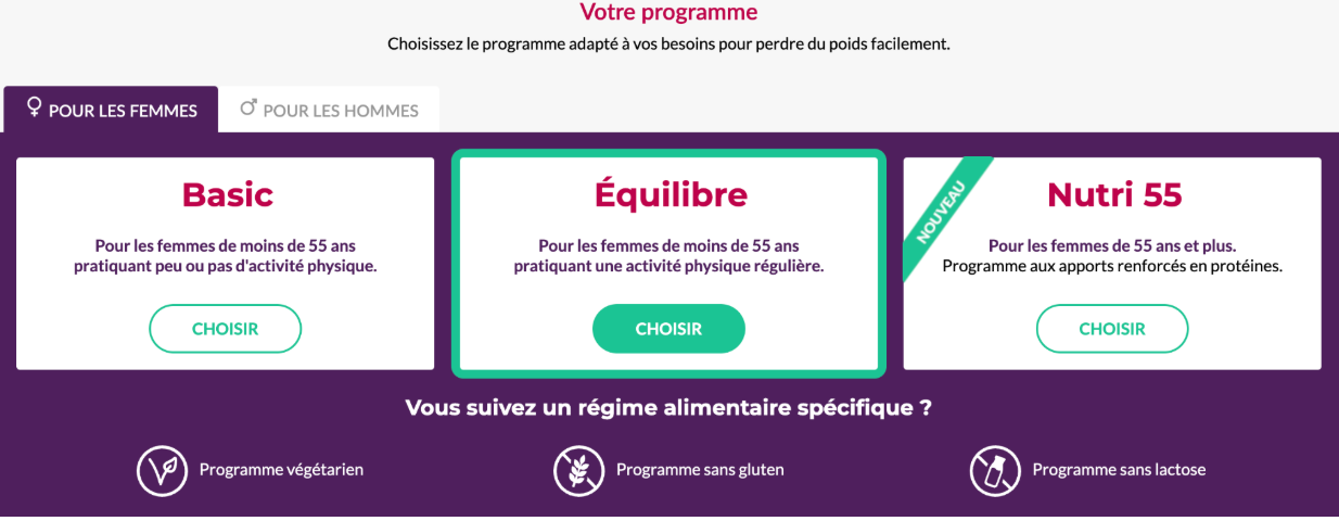 Screenshot 2025-07-06 at 4.06.16 PM Capture d’écran du site Comme J’aime présentant trois programmes minceur pour femmes : Basic (moins de 55 ans, peu active), Équilibre (moins de 55 ans, active), et Nutri 55 (55 ans et plus, riche en protéines)