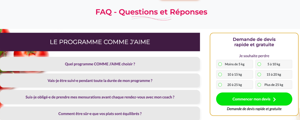 Screenshot 2025-07-06 at 4.08.20 PM Section FAQ du site Comme J’aime avec des questions fréquentes sur le programme
