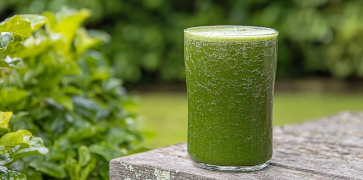 Verre rempli de jus vert ou de smoothie au matcha posé sur une table en bois à l'extérieur, avec un fond de feuillage vert en arrière-plan