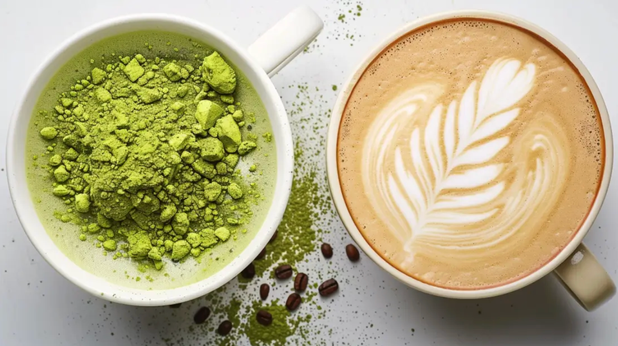 Deux tasses vues de dessus : à gauche, un matcha latte avec de la poudre de matcha non mélangée, à droite, un café latte avec un dessin de feuille en latte art, le tout sur une surface blanche parsemée de poudre de matcha et de grains de café