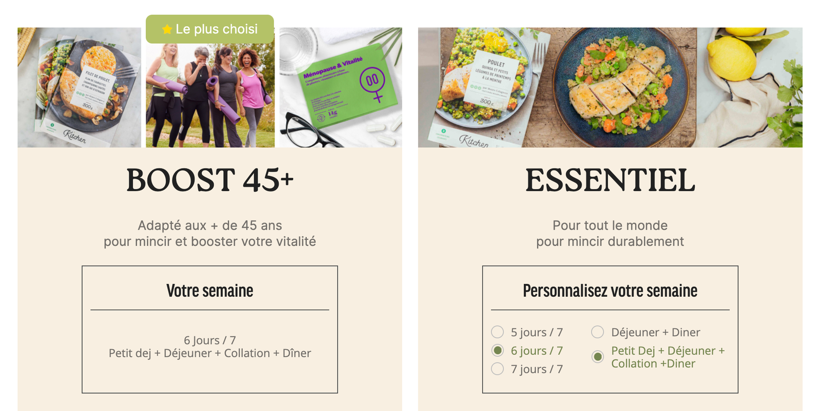 Screenshot 2025-07-10 at 3.35.22 PM Comparatif des programmes minceur KitchenDiet : Boost 45+, adapté aux femmes de plus de 45 ans, et Essentiel, pour tous les profils. Options de repas livrés 6 jours sur 7 avec petit-déjeuner, déjeuner, collation et dîner