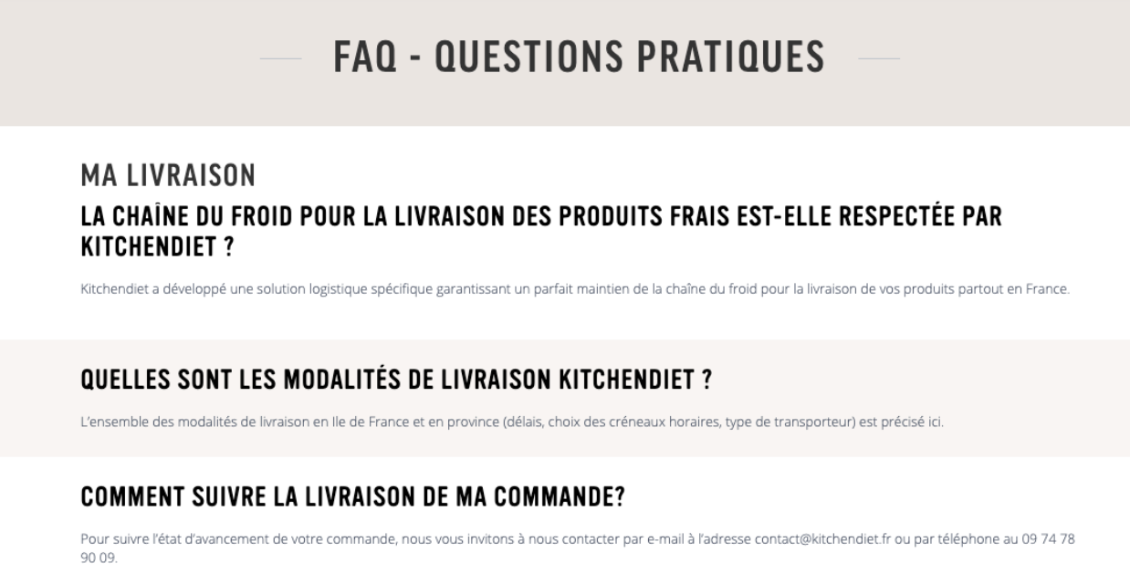 Screenshot 2025-07-10 at 4.03.36 PM Extrait de la FAQ KitchenDiet sur la livraison : chaîne du froid, modalités en France et suivi de commande via contact ou téléphone