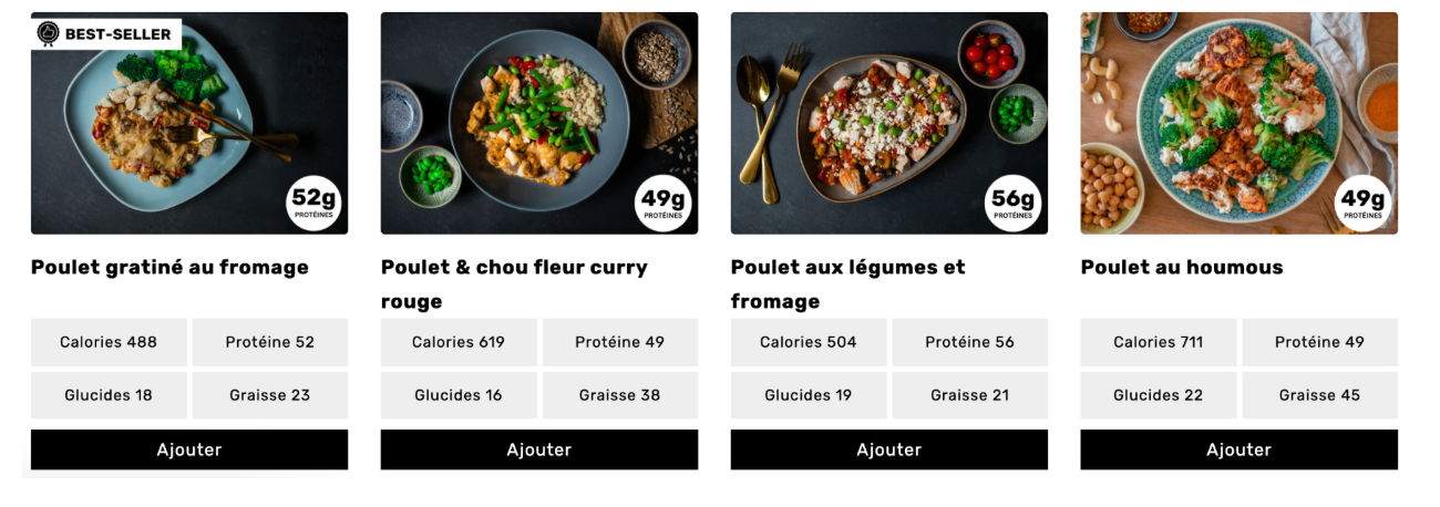 Screenshot 2025-07-24 at 4.56.44 PM Quatre plats préparés à base de poulet signés Prepmymeal : poulet gratiné au fromage (52g protéines), poulet au curry rouge et chou-fleur (49g protéines), poulet aux légumes et fromage (56g protéines), et poulet au houmous (49g protéines), avec valeurs nutritionnelles affichées.