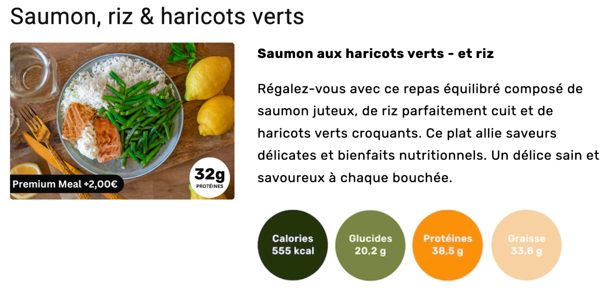 Screenshot 2025-07-24 at 5.02.06 PM Repas Prepmymeal composé de saumon grillé, riz blanc et haricots verts croquants, présenté dans une assiette avec des citrons frais en décor. 32g de protéines, 555 kcal, plat premium à 2 € de supplément