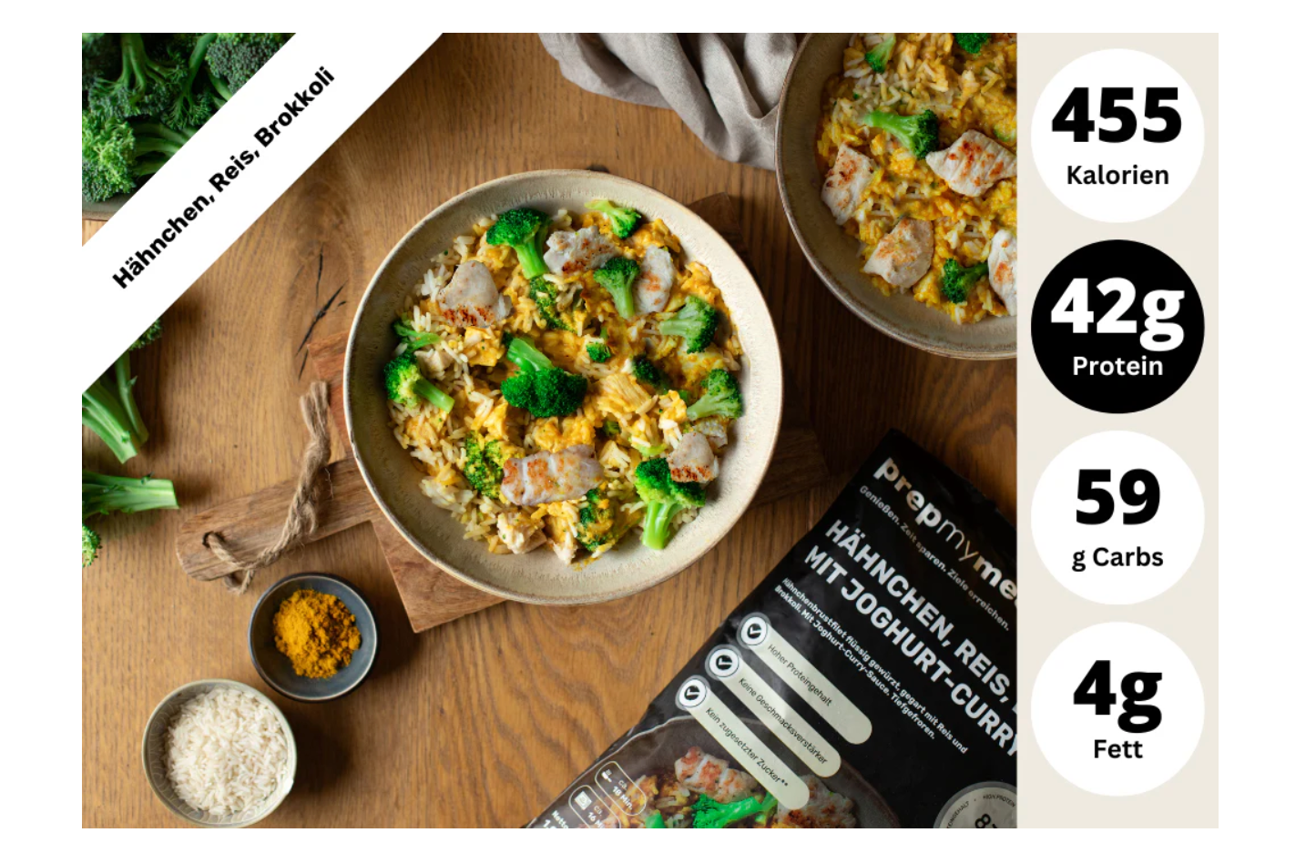 Screenshot 2025-07-24 at 5.02.54 PM Bol de riz au curry avec poulet grillé et brocolis signé Prepmymeal, accompagné de son emballage, avec les valeurs nutritionnelles : 455 kcal, 42g de protéines, 59g de glucides, 4g de lipides
