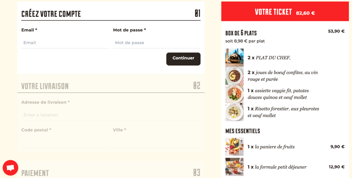 Screenshot 2025-07-26 at 10.38.31 AM Aperçu du panier de commande sur Aussitôt Bon avec 6 plats cuisinés et des essentiels comme une panière de fruits et une formule petit-déjeuner, pour un total de 82,60 €.