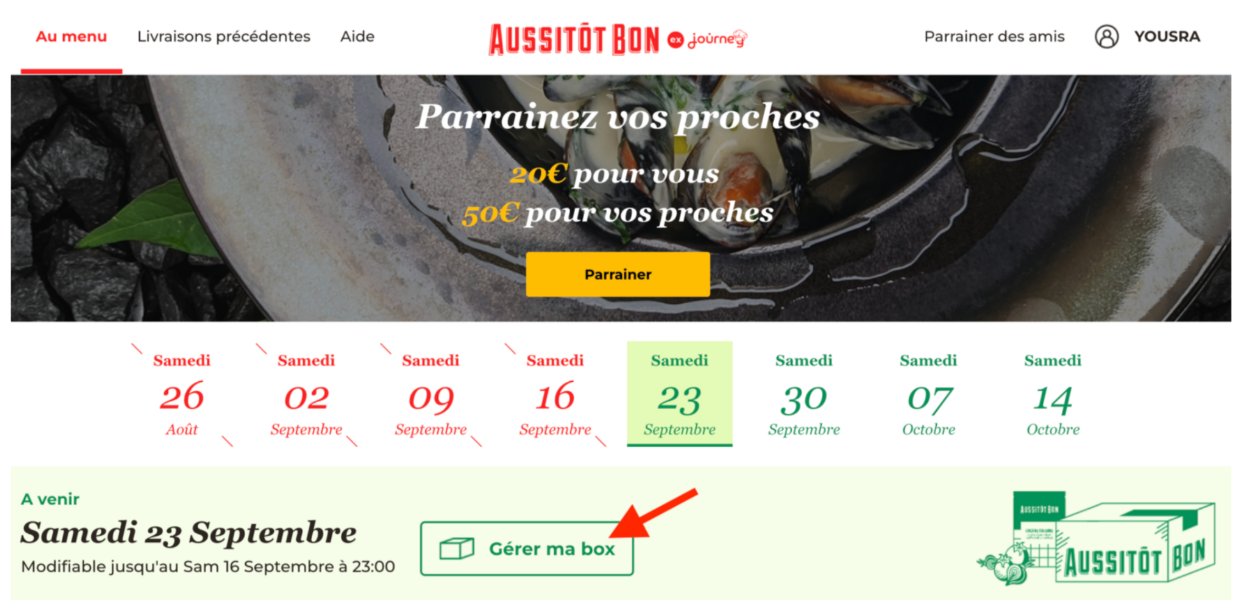 Screenshot 2025-07-26 at 10.41.28 AM Interface de gestion de commande sur Aussitôt Bon affichant les prochaines dates de livraison et un bouton “Gérer ma box” pour modifier la sélection avant le samedi 23 septembre.